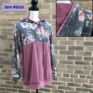 Split Print Floral Hoodie Dusty Mauve
